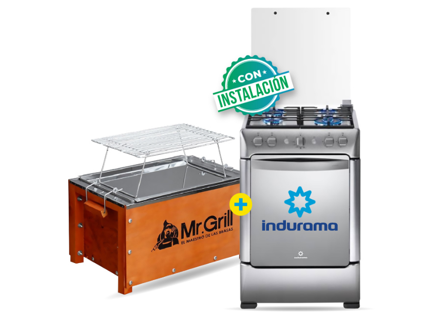 COCINA INDURAMA 24" 4 HORNILLAS GRANADA+Caja China Mr Grill mini S Edition Nogal + parrilla niquelada dimensiones 40x25x25 - C0299 