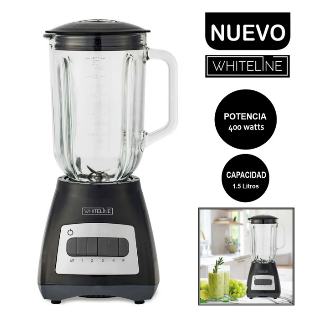 Licuadora Whiteline 400W, vaso vidrio 1.5Lts
