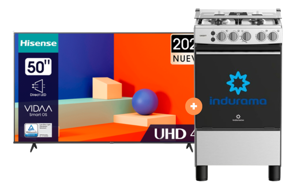 COCINA INDURAMA 20" 4 HORNILLAS CASSAT CON CONEXIÓN + Televisor HISENSE 50" Smart 50A6K 4K UHD Vidaa - 4507176 - 4