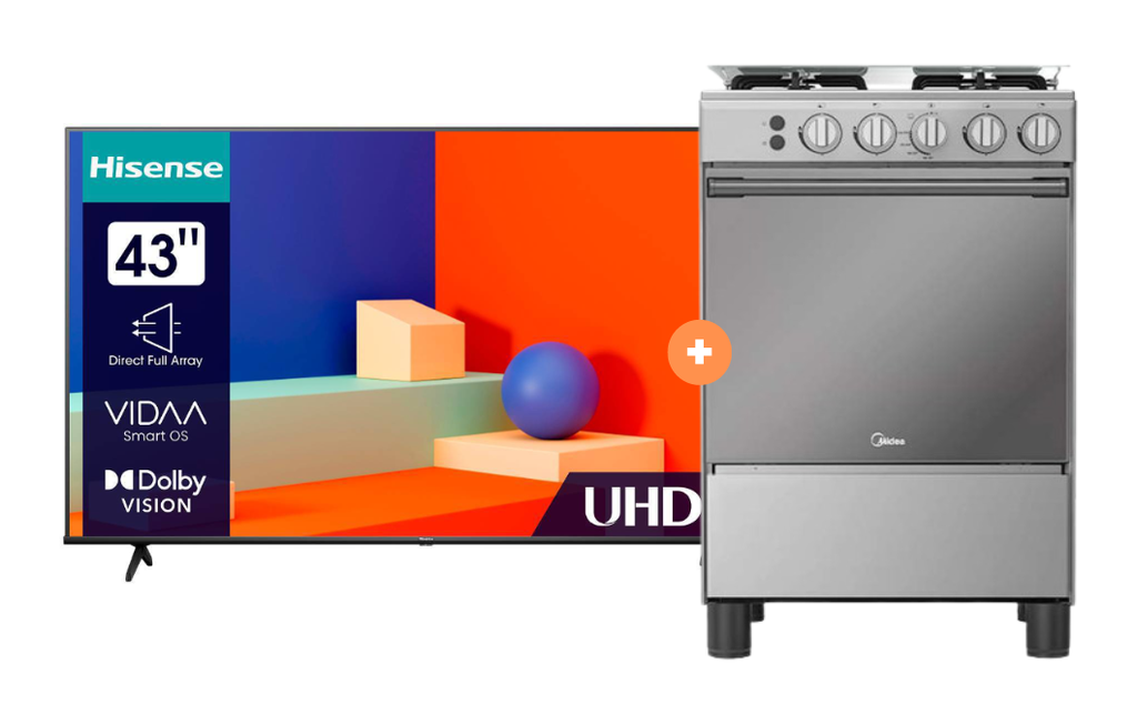 COCINA MIDEA 24" MGS24 4 HORNILLAS HIERRO CON CONEXIÓN + Televisor HISENSE 43" Smart 43A6K 4K UHD Vidaa - 4507184-1