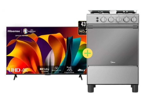 COCINA MIDEA 24" MGS24 4 HORNILLAS HIERRO CON CONEXIÓN + Televisor HISENSE 43" Smart 43A6N 4K UHD Vidaa - C0417