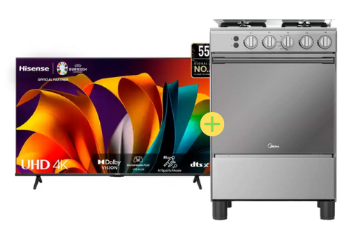 COCINA MIDEA 24" MGS24 4 HORNILLAS HIERRO  CON CONEXIÓN + Televisor HISENSE 55" Smart 55A6N 4K UHD Vidaa - C0420