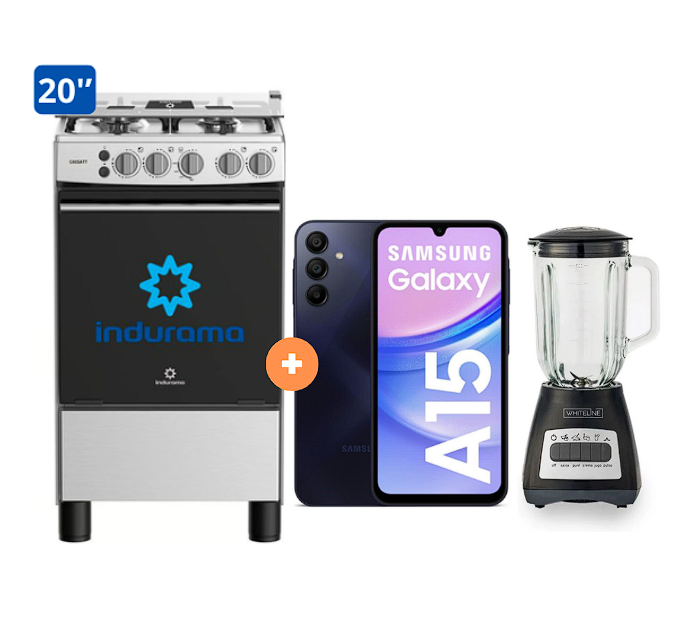 COCINA INDURAMA 20" 4 HORNILLAS CASSAT CON CONEXIÓN + Celular Samsung Galaxy A15 Negro de 256 GB 8 GB RAM +  LICUADORA WHITELINE 1.5 LTS 400W VASO VIDRIO - 4507177-4