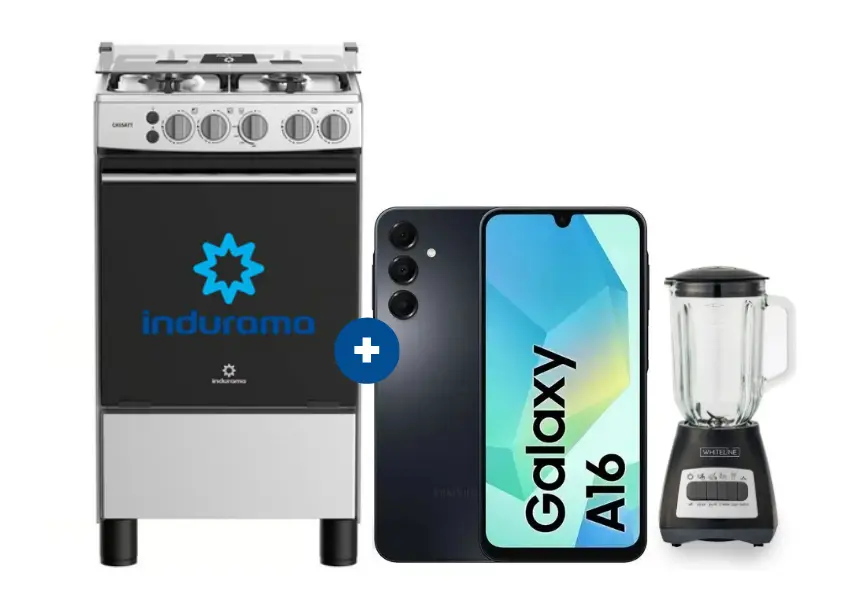 COCINA INDURAMA 20" 4 HORNILLAS CASSAT CON CONEXIÓN + Celular Samsung Galaxy A16 Negro de 128GB 4GB RAM +  LICUADORA WHITELINE 1.5 LTS 400W VASO VIDRIO - 4507177 - 3