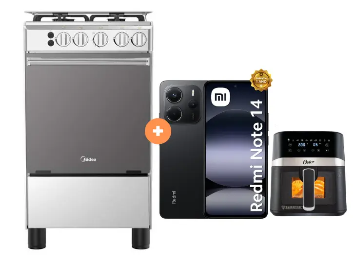 COCINA MIDEA 20"  MGS20 4 HORNILLAS HIERRO CON CONEXIÓN + Celular Redmi Note 14 negro 8GB RAM 256GB + FREIDORA  DE AIRE DIGITAL OSTER 4 LTS CON LUZ - 4507097 - 4