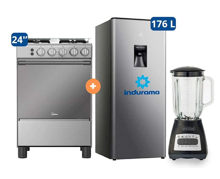 COCINA MIDEA 24" MGS24 4 HORNILLAS HIERRO CON CONEXIÓN + REFRIGERADORA INDURAMA RI-289 176 LTS + LICUADORA WHITELINE 1.5 LTS 400W VASO VIDRIO - 4507184-4