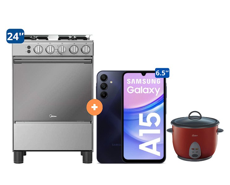 COCINA MIDEA 24" MGS24 4 HORNILLAS HIERRO CON CONEXIÓN + Celular Samsung Galaxy A15 Negro de 256 GB 8 GB RAM +  OLLA ARROCERA OSTER 1.8 LTS - 4507184-9