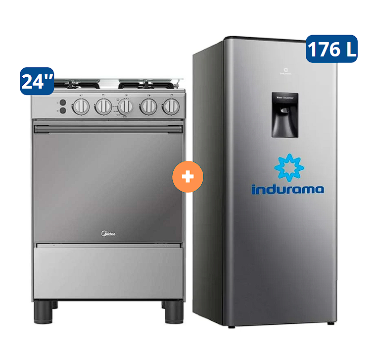 COCINA MIDEA 24" MGS24 4 HORNILLAS HIERRO CON CONEXIÓN + REFRIGERADORA INDURAMA RI-289 176 LTS - 4507185-5
