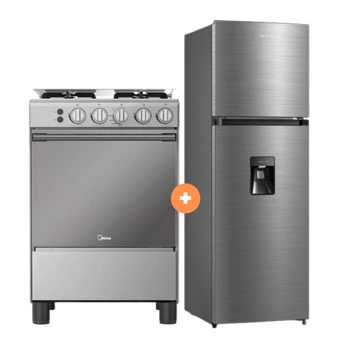 COCINA MIDEA 24" MGS24 4 HORNILLAS HIERRO CON CONEXIÓN + Refrigeradora MIDEA MDRT385MTR46P 263Lt No frost 2 Pts Silver c/dispenser - C0430