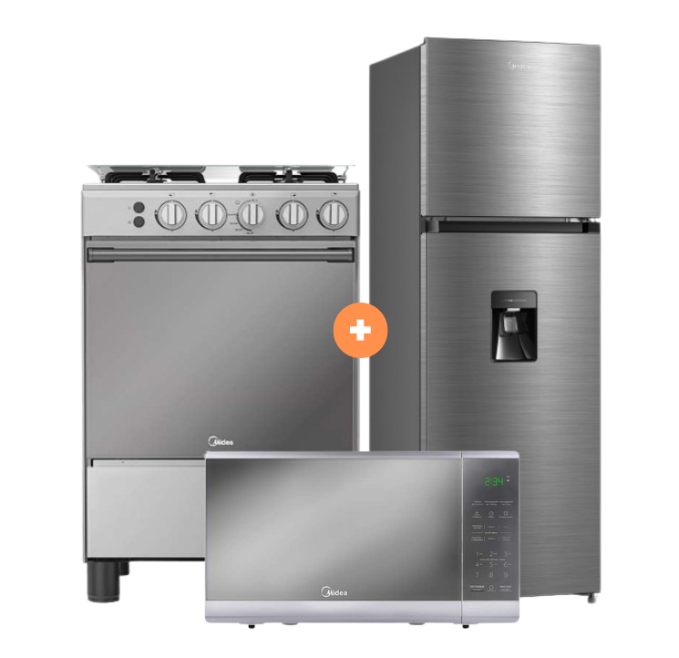 COCINA MIDEA 24" MGS24 4 HORNILLAS HIERRO CON CONEXIÓN + Refrigeradora MIDEA MDRT385MTR46P 263Lt No frost 2 Pts Silver c/dispenser +Microondas MIDEA 20 Lts - C0431