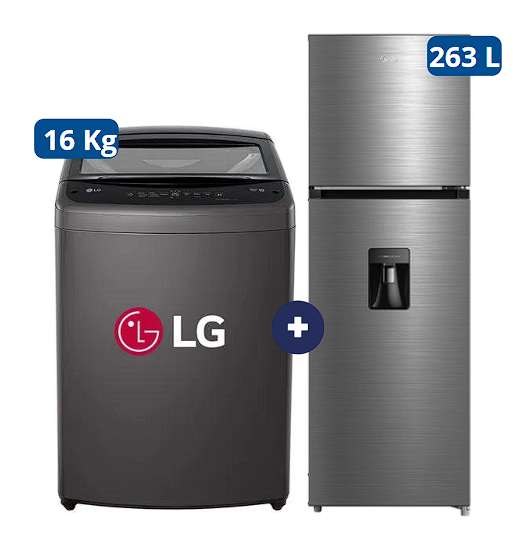 LAVADORA 16 KG Carga superior Smart Inverter Middle Black WT16BVTB Mod 2024 + Refrigeradora MIDEA MDRT385MTR46P 263Lt No frost 2 Pts Silver c/dispenser - C0617