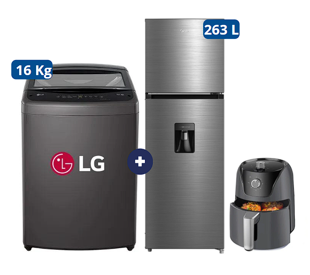 LAVADORA 16 KG Carga superior Smart Inverter Middle Black WT16BVTB Mod 2024 + Refrigeradora MIDEA MDRT385MTR46P 263Lt No frost 2 Pts Silver c/dispenser +  Freidora de aire Oster 1.8 Lts Negra - C0618