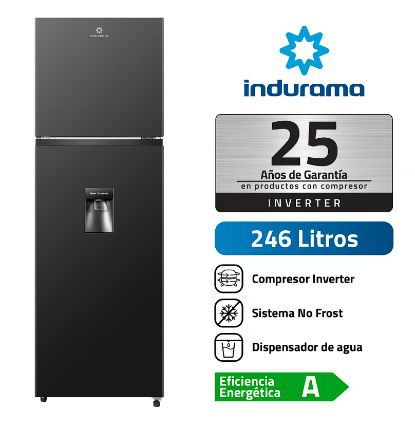 Refrigeradora Indurama 246Lts. Ri-389DNI motor Inverter c/dispenser Negra