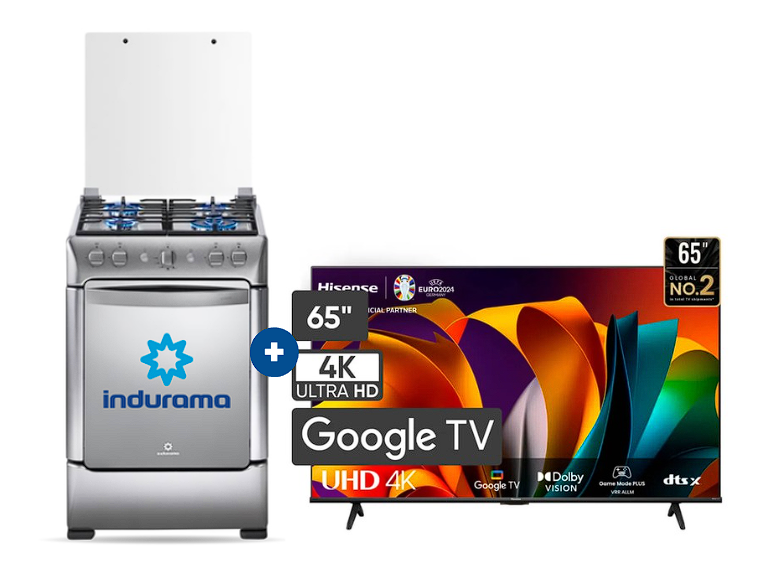 COCINA INDURAMA 24" 4 HORNILLAS GRANADA Con Conexión + Televisor HISENSE 65" UHD 4K Smart 65A6NA GOOGLE TV VOICE CONTROL - C0664
