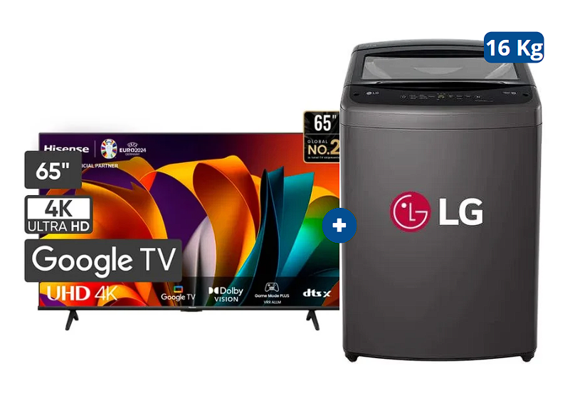 LAVADORA LG 16 KG Carga superior Smart Inverter Middle Black WT16BVTB Mod 2024 + Televisor HISENSE 65" UHD 4K Smart 65A6NA GOOGLE TV VOICE CONTROL - C0669