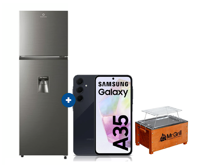 Refrigeradora Indurama 246Lts. Ri-389DI motor Inverter c/dispenser Croma + Celular Samsung Galaxy A35 6.6" 5G  8GB RAM 128GB Negro + Caja China Mr Grill mini 5 Nogal + parrilla niquelada - C0672