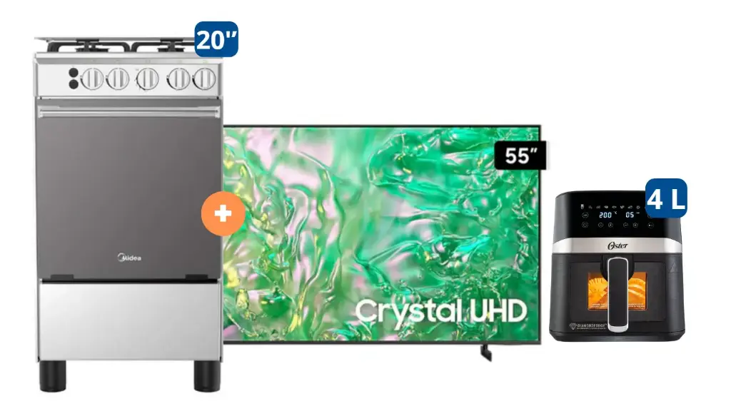 COCINA MIDEA 20" 4 HORNILLAS MGS20 Silver cubierta inox con instalación + Televisor Samsung Smart TV 55" Crystal UHD 4K  UN55DU8000 voice control + FREIDORA  DE AIRE OSTER 4 LTS DIGITAL  CON LUZ - 4507284 - 3
