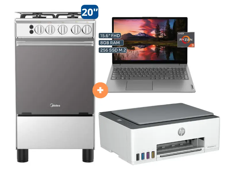 COCINA MIDEA 20" 4 HORNILLAS MGS20FO Silver cubierta inox con instalación + Laptop Lenovo V15 G4 AMN 15.6" FHD, AMD RYZEN 3 - 7320U, 8GB DDR5, 256 GB SSD  Windows 11 Gris. + IMPRESORA HP MULTIFUNCIONAL SMART TANK 580, 3 EN UNO, IMPRIME ESCANEA COPIA, WIFI BLUETOOH - HPST580 - 4507284 - 6