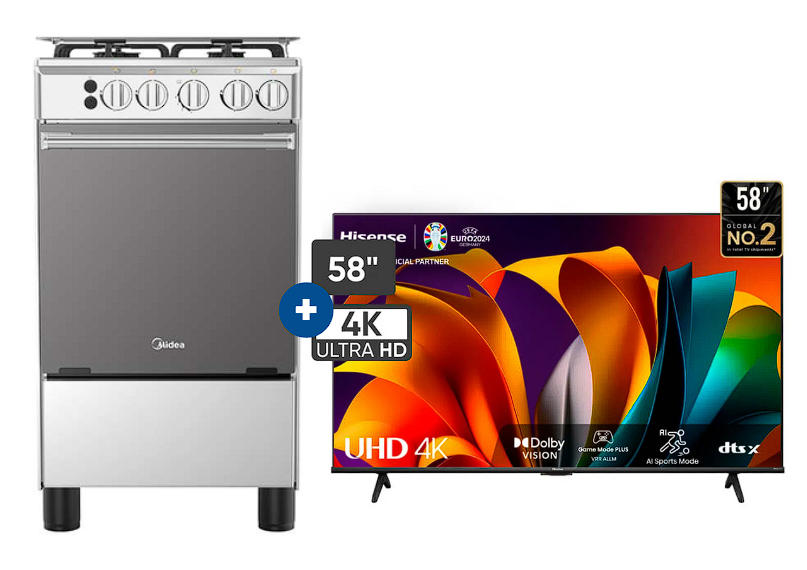 COCINA MIDEA 20" MGS20 4 HORNILLAS HIERRO  CON CONEXIÓN + Televisor HISENSE 58" Smart  58A6N 4K UHD Vidaa  - 4507098-4