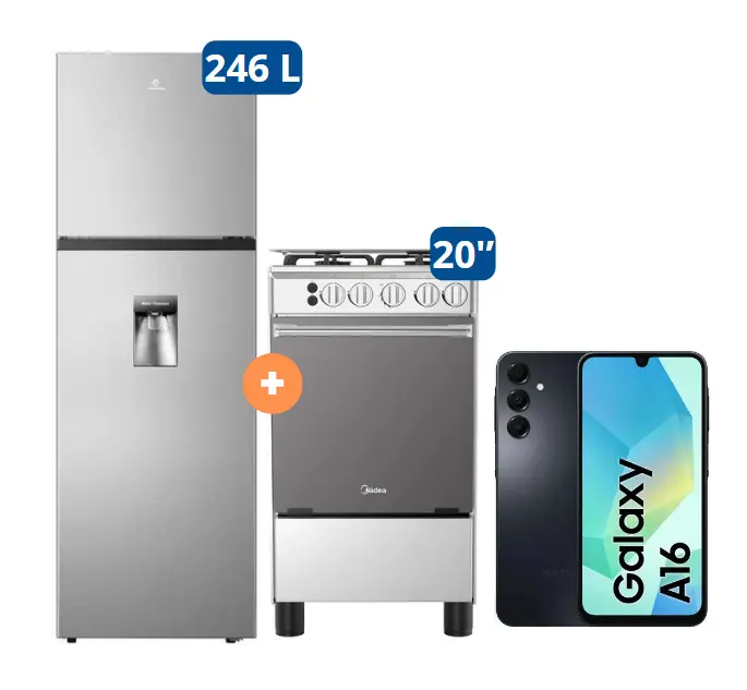 COCINA MIDEA 20" MGS20 4 HORNILLAS HIERRO CON CONEXIÓN +  REFRIGERADORA INDURAMA RI-389DI  246 lts INVERTER CON DISPENSADOR Croma + CELULAR SAMSUNG GALAXY A16 6.5" 4GB RAM 128GB Negro 4G - 4507284 - 2