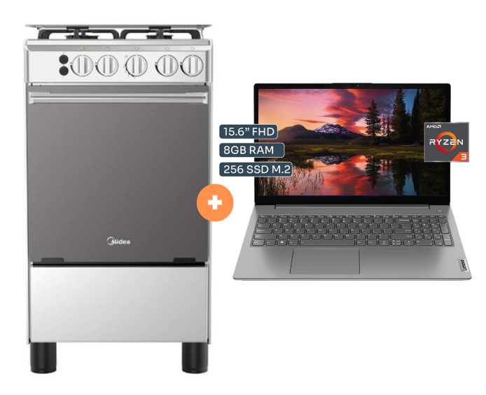 COCINA MIDEA 20" 4 HORNILLAS MGS20 Silver cubierta inox con instalación + Laptop Lenovo V15 G4 AMN 15.6" FHD, AMD RYZEN 3 - 7320U, 8GB DDR5, 256 GB SSD  Windows 11 Gris. - 4507098 - 1