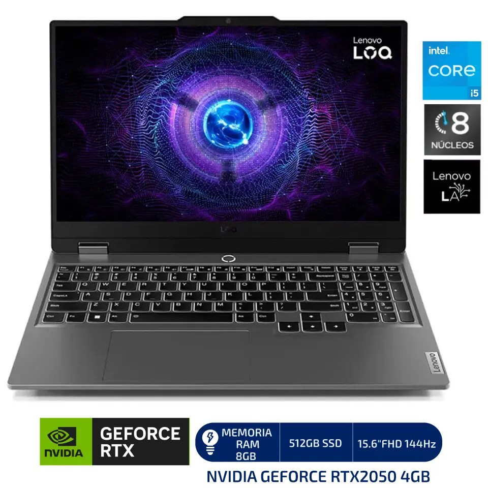 LAPTOP GAMER LENOVO LOQ 15IAX9 INTEL CORE i5 12450HX 8GB RAM 512GB SSD 15.6"FHD NVIDIA GEFORCE RTX2050 4GB TECLADO ESPAÑOL RETROILUMINADO WINDOWS 11 HOME  COLOR LUNA GREY. - LOQ15IAX98G2050 
