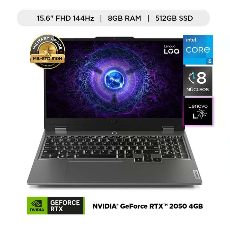 LAPTOP GAMER LENOVO LOQ 15IAX9 INTEL CORE i5 12450HX 8GB RAM 512GB SSD 15.6"FHD NVIDIA GEFORCE RTX2050 4GB TECLADO ESPAÑOL RETROILUMINADO WINDOWS 11 HOME  COLOR LUNA GREY.