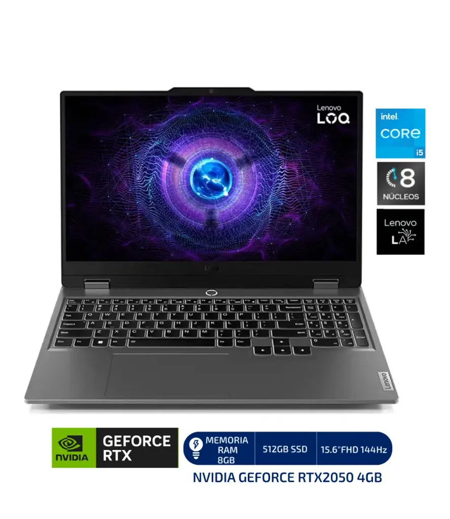 LAPTOP GAMER LENOVO LOQ 15IAX9 INTEL CORE i5 12450HX /8GB /512GB SSD/15.6"FHD/NVIDIA® GeForce RTX™ 3050 6GB/TECLADO ESPAÑOL RETROILUMINADO/WINDOWS 11 HOME, GRIS  - LOQ15IAX98G3050
