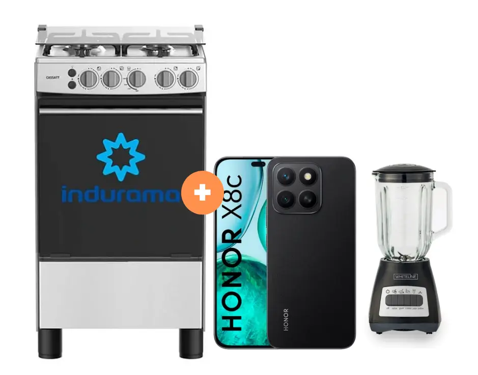 COCINA INDURAMA 20" 4 HORNILLAS CASSAT CON CONEXIÓN + Celular Honor X8C 8gb, 256GB  Color Midnigth Black / Moonligth White +  LICUADORA WHITELINE 1.5 LTS 400W VASO VIDRIO -  4507077 - 1