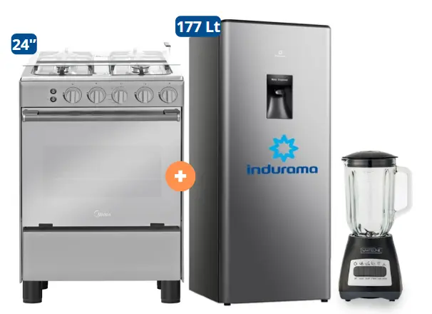COCINA MIDEA 24" 4 HORNILLAS MGS24 SILVER CUBIERTA INOX CON INSTALACIÓN +  REFRIGERADORA INDURAMA  177 Lt RI-289D Croma+ LICUADORA WHITELINE 1.5 LTS 400W VASO VIDRIO - 4507184 - 5
