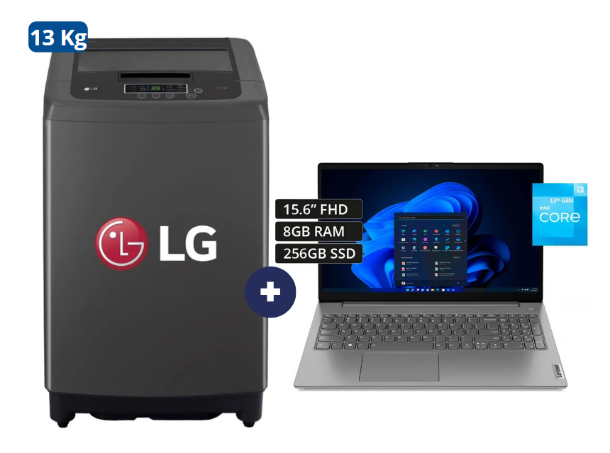 LAVADORA 13 KG Carga superior Smart Inverter Middle Black WT13BPBK Mod 2024 + LAPTOP LENOVO V15 G4 IRU, 15.6"Intel® Core™ i3 1315U, 8GB, 256GB SSD, , WINDOWS 11, IRON GREY /WIFI6. - CO697