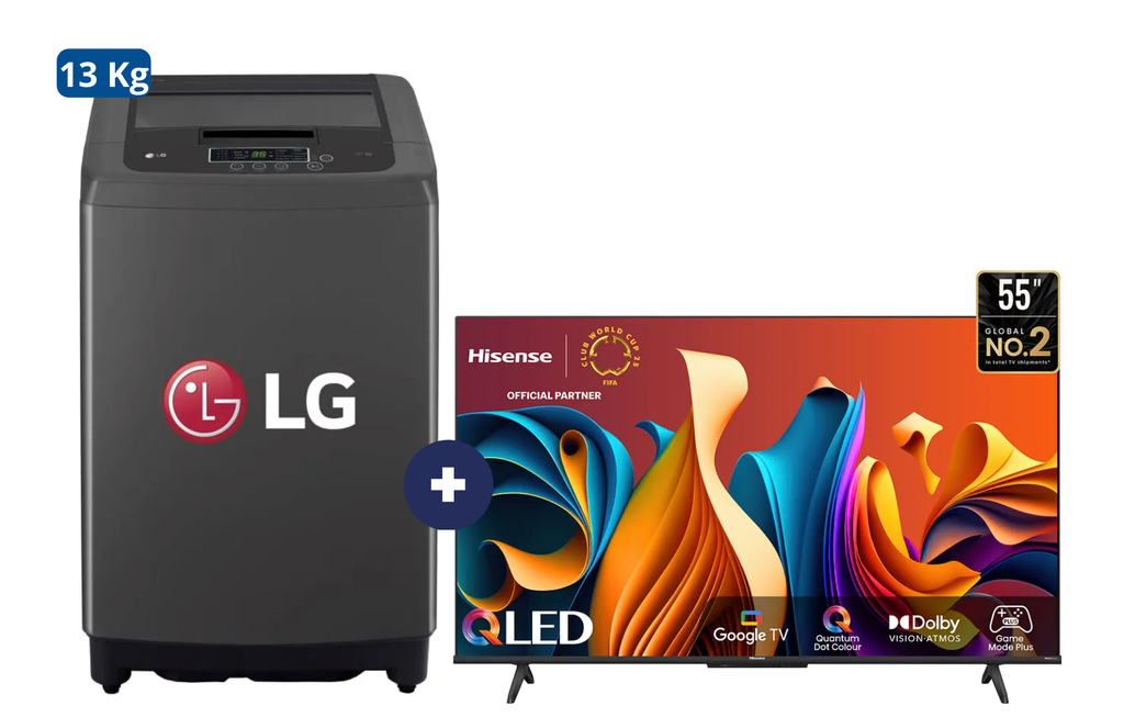 LAVADORA 13 KG Carga superior Smart Inverter Middle Black WT13BPBK Mod 2024 + Televisor HISENSE 55" UHD 4K Smart 55Q6N google tv - CO698