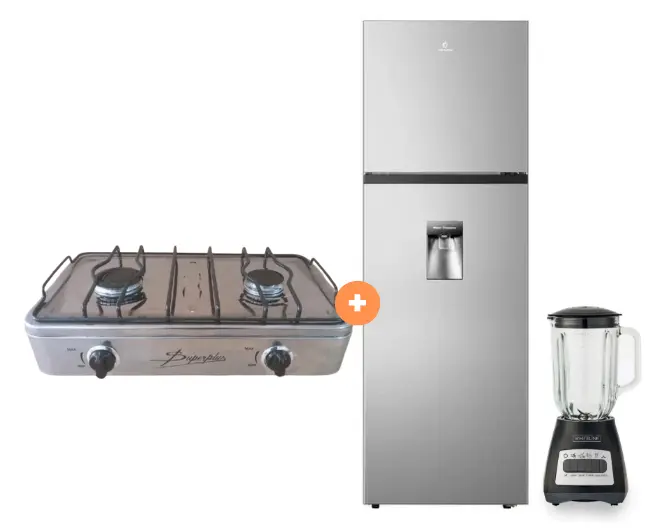 COCINA "SUPERIOR" DE MESA  2 HORNILLAS, ACERO BRILLANTE,POTENCIA 1.95KW x 2 CON CONEXIÓN + REFRIGERADORA INDURAMA RI-389DI  246 lts INVERTER C/DISPENSADOR CROMA /NEGRO + LICUADORA WHITELINE 1.5 LTS 400W VASO VIDRIO - 4507366 - 8
