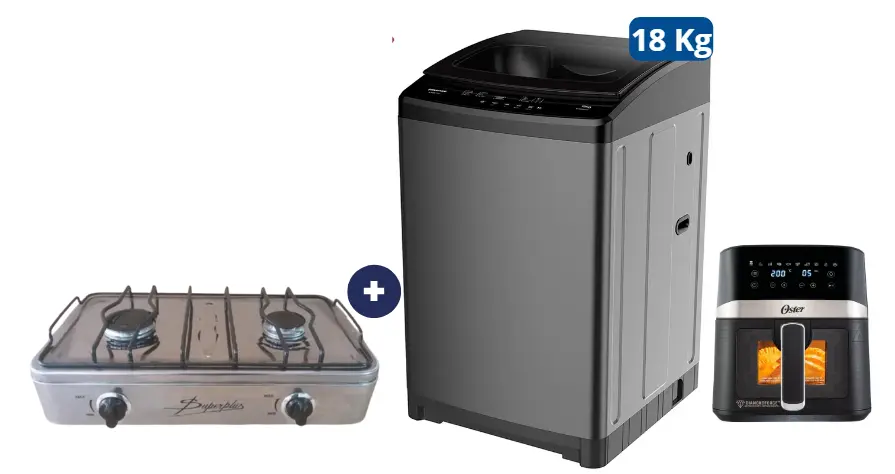 COCINA "SUPERIOR" DE MESA 2 HORNILLAS, ACERO BRILLANTE,POTENCIA 1.95KW x 2 CON CONEXIÓN + LAVADORA HISENSE CARGA SUPERIOR 18KG WT3W1823UT Gris medio + FREIDORA  DE AIRE DIGITAL OSTER 4 LTS CON LUZ Y VENTANA - 4507366 - 11