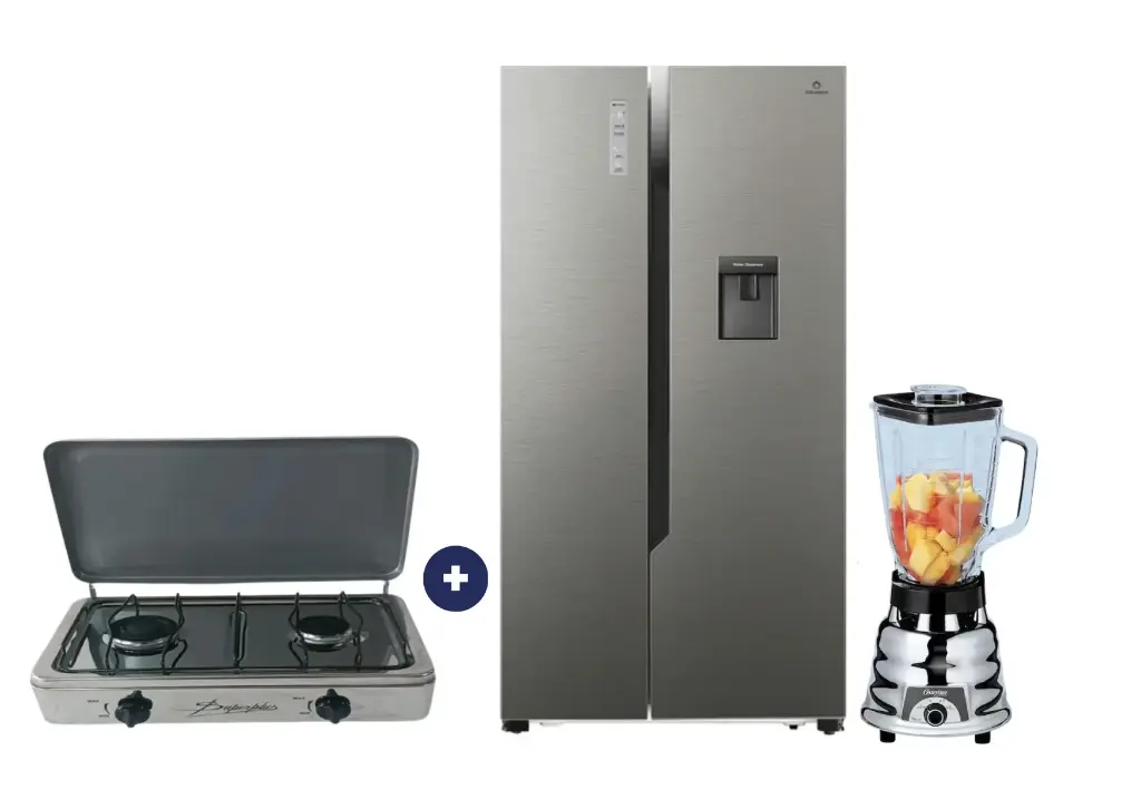COCINA "SUPERIOR" DE MESA  2 HORNILLAS, ACERO BRILLANTE,POTENCIA 1.95KW x 2 CON CONEXIÓN + REFRIGERADORA INDURAMA  508 Lt SIDE BY SIDE Ri-788DI INVERTER CON DISPENSADOR Croma + Licuadora Oster Clasica cromada 2 velocidades. - 4507367 - 1