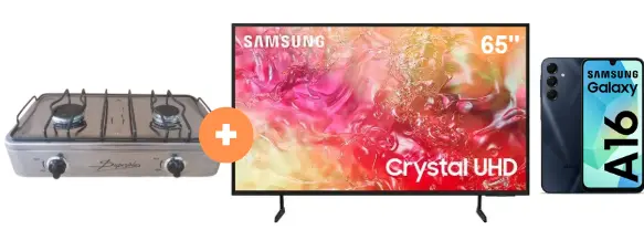 COCINA "SUPERIOR" DE MESA 2 HORNILLAS, ACERO BRILLANTE,POTENCIA 1.95KW x 2 CON CONEXIÓN + TELEVISOR SAMSUNG 65" UHD 4K SMART TV UN65DU7000  + CELULAR SAMSUNG GALAXY A16 6.7"  4GB RAM 128GB Negro. - 4507367 - 1