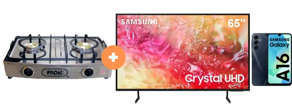 COCINA FADIC 2H SUPERIOR DE MESA CON CONEXIÓN + TELEVISOR SAMSUNG 65" UHD 4K SMART TV UN65DU7000  + CELULAR SAMSUNG GALAXY A16 6.7"  4GB RAM 128GB Negro. - 4507367 - 6
