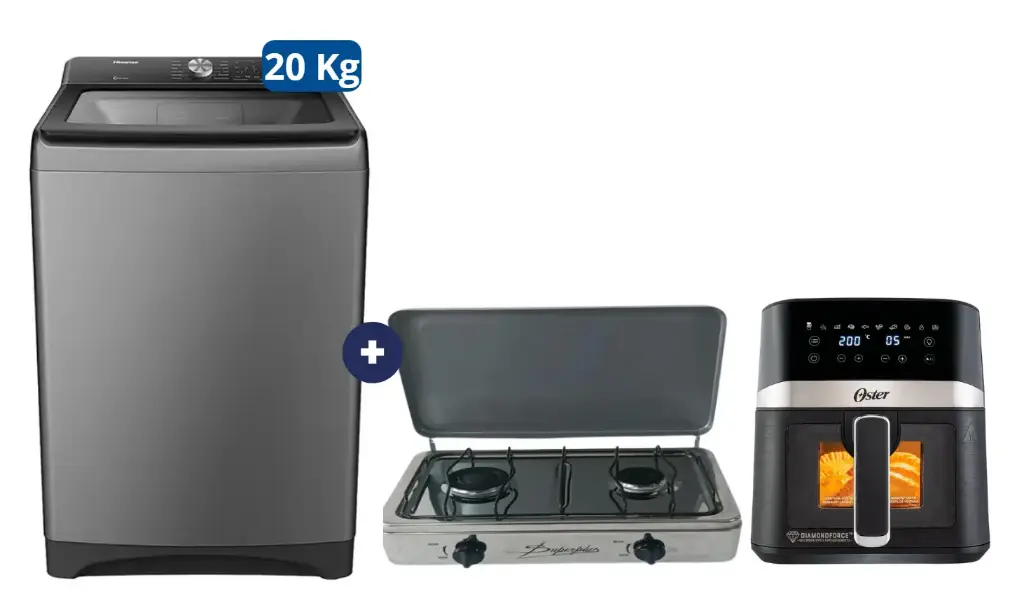 COCINA "SUPERIOR" DE MESA  2 HORNILLAS, ACERO BRILLANTE,POTENCIA 1.95KW x 2 CON CONEXIÓN + LAVADORA HISENSE Carga Superior 20KG WT3T2023UT Gris medio  +FREIDORA  DE AIRE DIGITAL OSTER 4 LTS CON LUZ Y VENTANA - 4507368 - 12