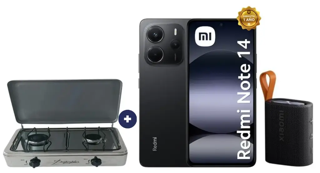 COCINA "SUPERIOR" DE MESA  2 HORNILLAS, ACERO BRILLANTE,POTENCIA 1.95KW x 2 CON CONEXIÓN + CELULAR REDMI NOTE 14   6.67"  6GB RAM 128GB Negro  + PARLANTE PORTATIL XIAOMI SOUND POCKET 5 W BT 5.4 NEGRO - 4508029 - 3
