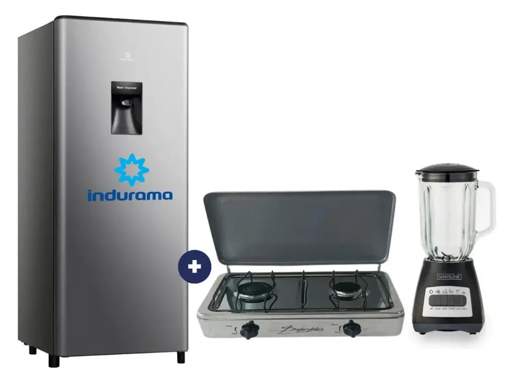 COCINA "SUPERIOR" DE MESA  2 HORNILLAS, ACERO BRILLANTE,POTENCIA 1.95KW x 2 CON CONEXIÓN + Refrigeradora Indurama Plateado 177 Lts - RI289 +  LICUADORA WHITELINE 1.5 LTS 400W VASO VIDRIO.