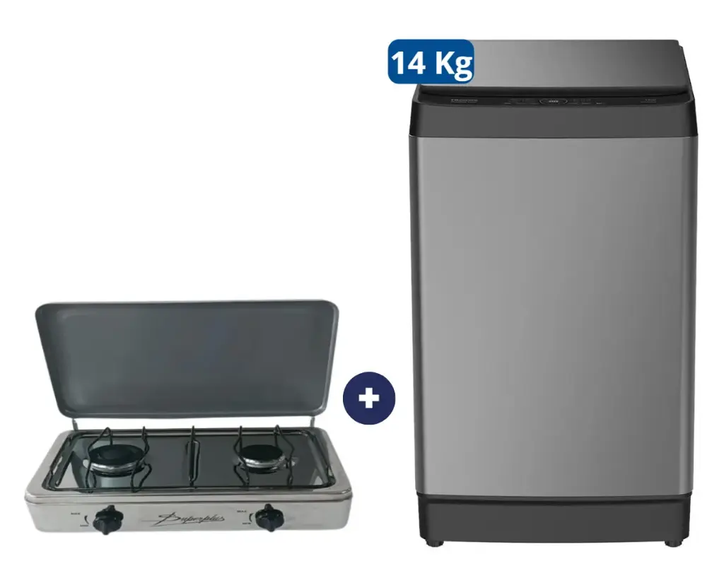 COCINA "SUPERIOR" DE MESA  2 HORNILLAS, ACERO BRILLANTE,POTENCIA 1.95KW x 2 CON CONEXIÓN +LAVADORA HISENSE CARGA SUPERIOR 14KG WT3K1423UT Gris medio