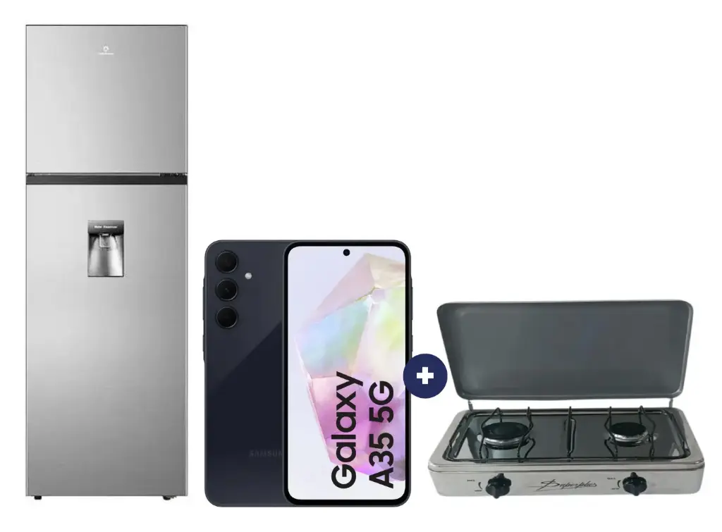 COCINA "SUPERIOR" DE MESA  2 HORNILLAS, ACERO BRILLANTE,POTENCIA 1.95KW x 2 CON CONEXIÓN + REFRIGERADORA INDURAMA RI-389DI  246 lts INVERTER CON DISPENSADOR Croma + CELULAR SAMSUNG GALAXY A35 NEGRO DE 128 GB 6GB RAM - 4508044 - 1