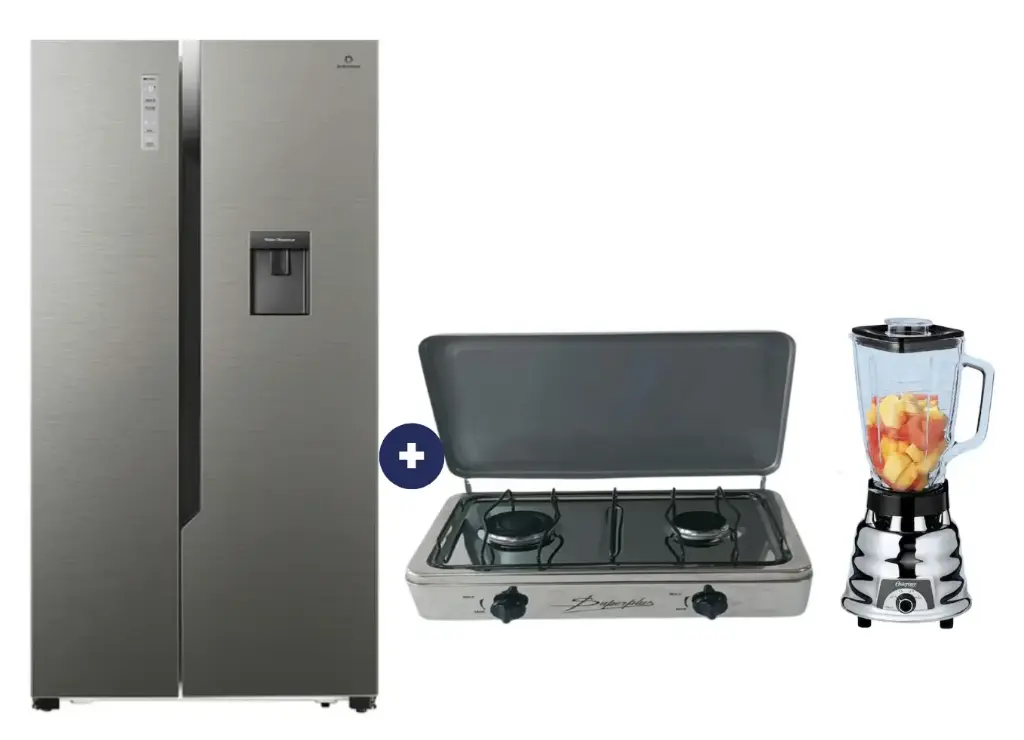 COCINA "SUPERIOR" DE MESA  2 HORNILLAS, ACERO BRILLANTE,POTENCIA 1.95KW x 2 CON CONEXIÓN +  REFRIGERADORA INDURAMA  508 Lt SIDE BY SIDE Ri-788DI INVERTER CON DISPENSADOR Croma + LICUADORA OSTER 2 VELOCIDADES CLASICA CROMADA - 4508044 - 2