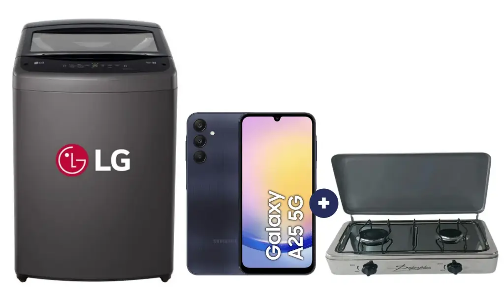 COCINA "SUPERIOR" DE MESA  2 HORNILLAS, ACERO BRILLANTE,POTENCIA 1.95KW x 2 CON CONEXIÓN + LAVADORA LG 19 KG Carga superior Smart Inverter WT19BVTB Mod 2024 Negro Claro  + CELULAR SAMSUNG GALAXY A25 6.5" 6GB RAM 128GB Negro 5G.