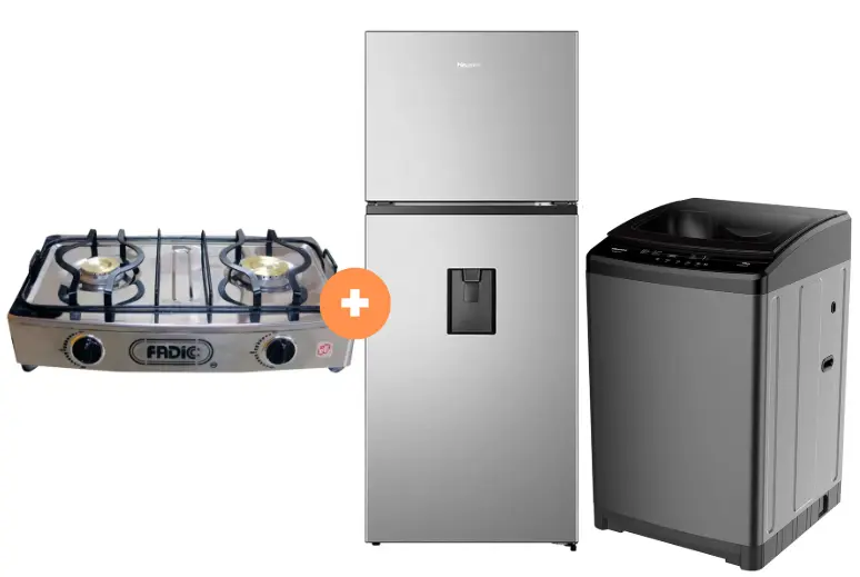 COCINA "SUPERIOR" DE MESA  2 HORNILLAS, ACERO BRILLANTE,POTENCIA 1.95KW x 2 CON CONEXIÓN + REFRIGERADORA HISENSE TOP MOUNT 379 LT C/DISPENSER COLOR GRIS, M.  INVERTER (RT3N375NMCA) + LAVADORA HISENSE 18KG CARGA SUPERIOR  WT3W1823UT Gris medio - 4507367 - 4