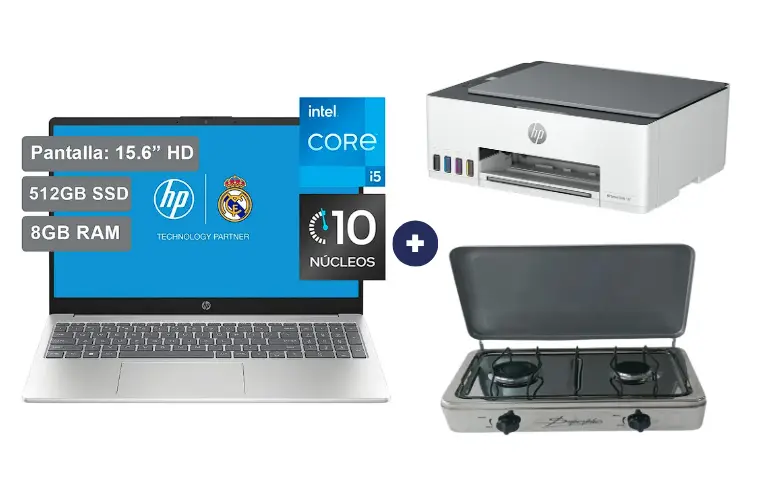 COCINA "SUPERIOR" DE MESA  2 HORNILLAS, ACERO BRILLANTE,POTENCIA 1.95KW x 2 con CONEXIÓN+  Laptop HP Laptop 15-fd0055la,15.6"FHD   Intel® Core I5 12va, 8gb Ram, 512gb Ssd, hd 15.6", plateado Natural, Windows 11 + IMPRESORA HP MULTIFUNCIONAL SMART TANK 580, 3 EN UNO, WIFI , BLUETOOH. 
