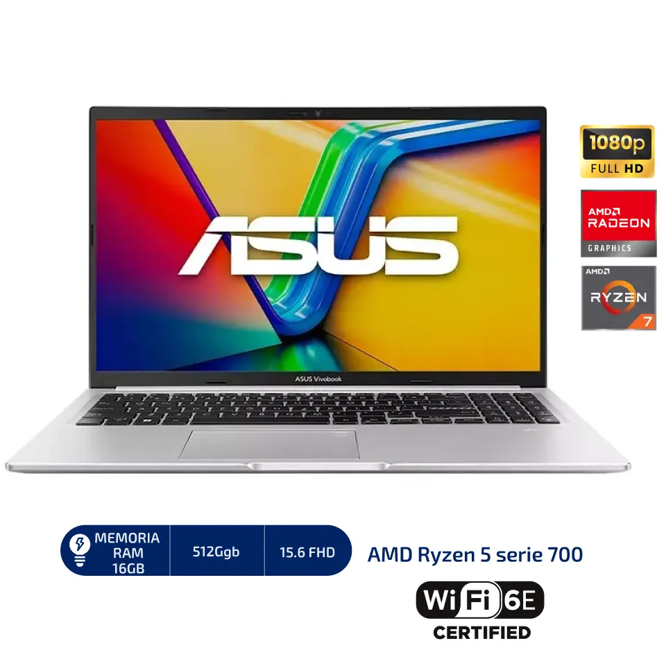 Laptop ASUS VIVOBOOK AMD Ryzen 5 7430U/16gb ddr4/512Ggb/15.6" Fhd/Gráficos AMD Radeon/Windows 11/Cool Silver (M1502YA-NJ544) - ASUSVIVOR516GB 