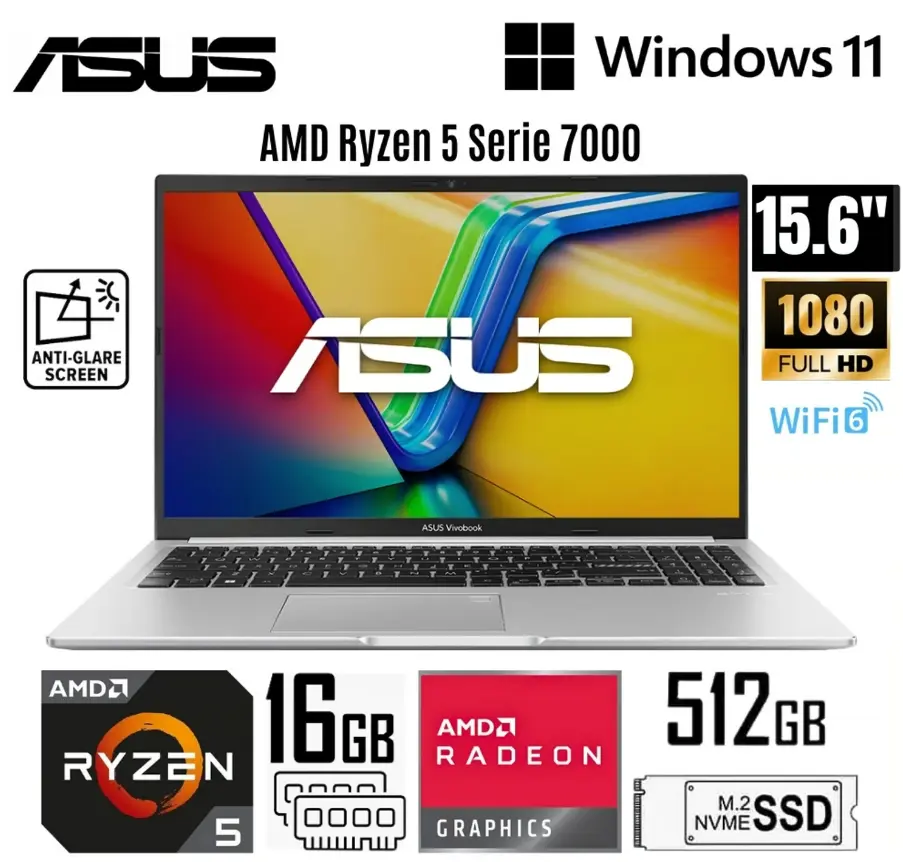 Laptop ASUS VIVOBOOK AMD Ryzen 5 7430U/16gb ddr4/512Ggb/15.6" Fhd/Gráficos AMD Radeon/Windows 11/Cool Silver (M1502YA-NJ544)