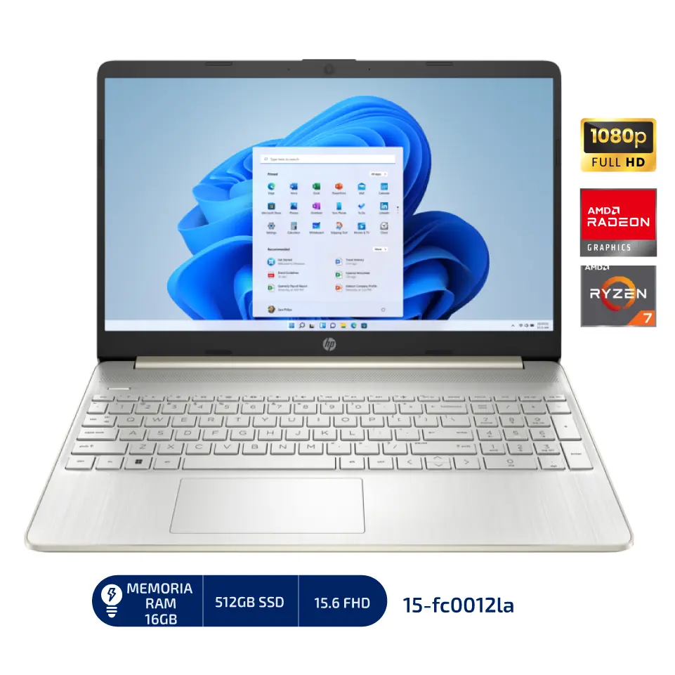 LAPTOP HP NOTEBOOK Ryzen AMD Ryzen 7 7730U 16GB DDR4 512GB SSD 15.6" FHD AMD RADEON GRAPHICS Windows 11 COLOR:PLATEADO (15-fc0012la) - HPNOTER7512GB 
