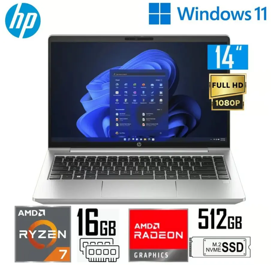 LAPTOP HP PROBOOK 14” Ryzen AMD Ryzen 7 7730U/16GB DDR4/512GB SSD/14" FHD/AMD RADEON GRAPHICS /Windows 11PRO /COLOR:PLATA NATURAL(445 G10)